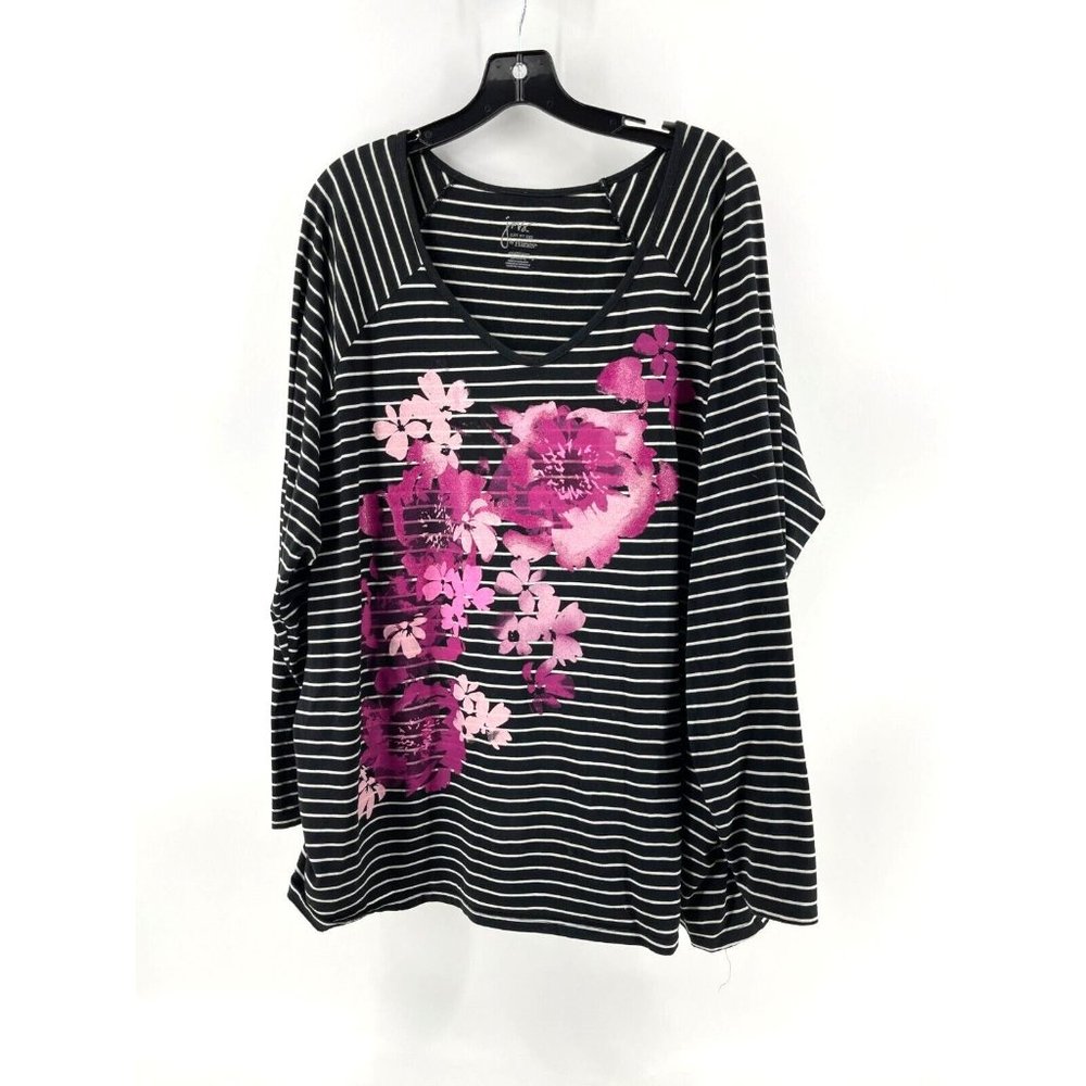 Just My Size Hanes Women's Black Striped Glitter Roses Top Blouse Shirt Size 4X